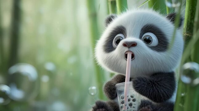 Panda holding a glass of bubble tea boba and drinking through a straw in a bamboo forest background. Funny cartoon character.