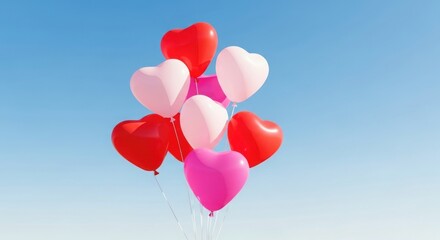 Fototapeta premium A cluster of heart shaped balloons floating against a blue sky