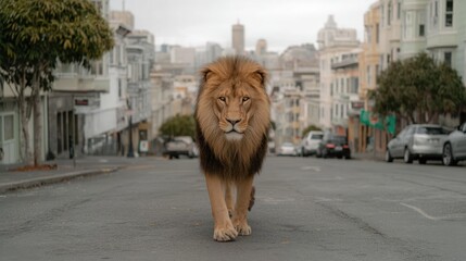 A Majestic Lion Walking Down the Urban Streets of San Francisco in a Serene Cityscape
