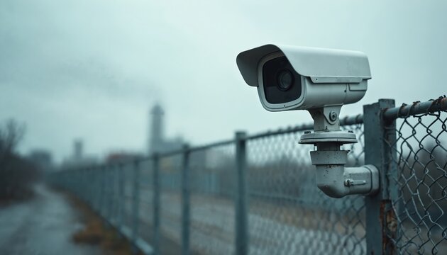 White security camera monitors industrial area fence on cloudy day. Modern surveillance tech guards perimeter and property. Watchful eye observes urban zone and factory.