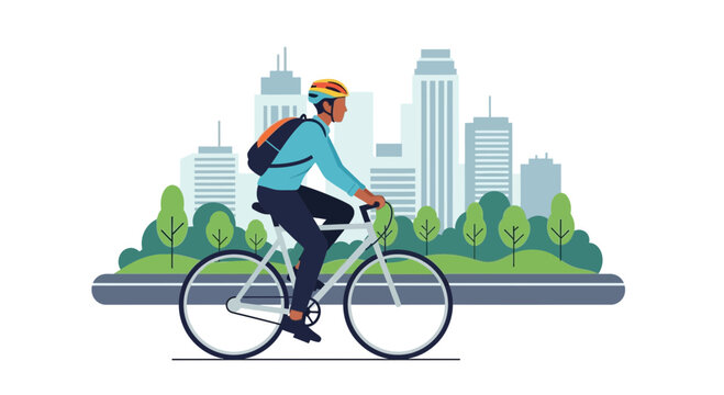 Person rides bicycle through city park with buildings in background.