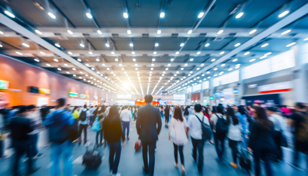 busy indoor shopping mall with motion blurred crowd representing fast paced urban lifestyle