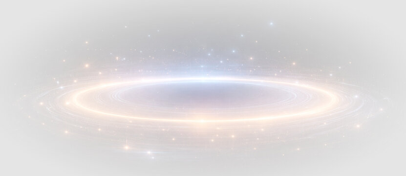 Abstract futuristic light ring portal with glowing energy beam and digital vortex effect, modern technology visual element on transparent background
