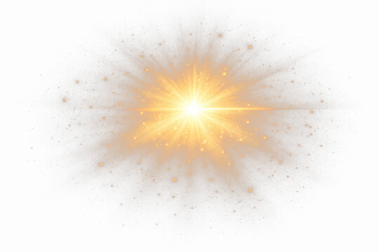 Abstract golden light burst with glowing star flare energy beam and radiant shine effect, bright graphic design element on transparent background

