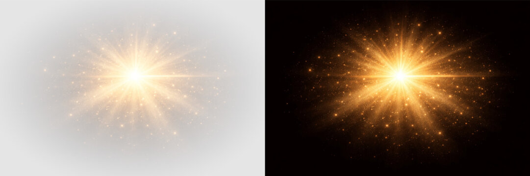 Golden glowing light burst with radiant star flare energy beam and abstract power effect, modern graphic visual element on transparent background
