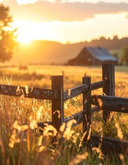 Golden sunset over a rustic farm scene with a fence