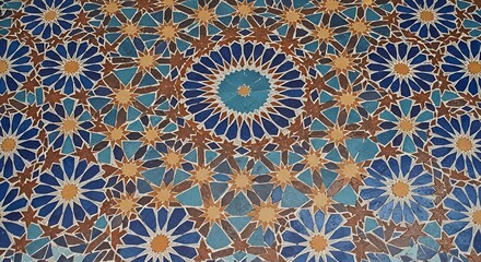 Intricate Geometric Mosaic Pattern Photography with Blue, Teal, and Brown Tones, Traditional Islamic Art and Architecture Detail, Decorative Background for Interior Design and Cultural Projects