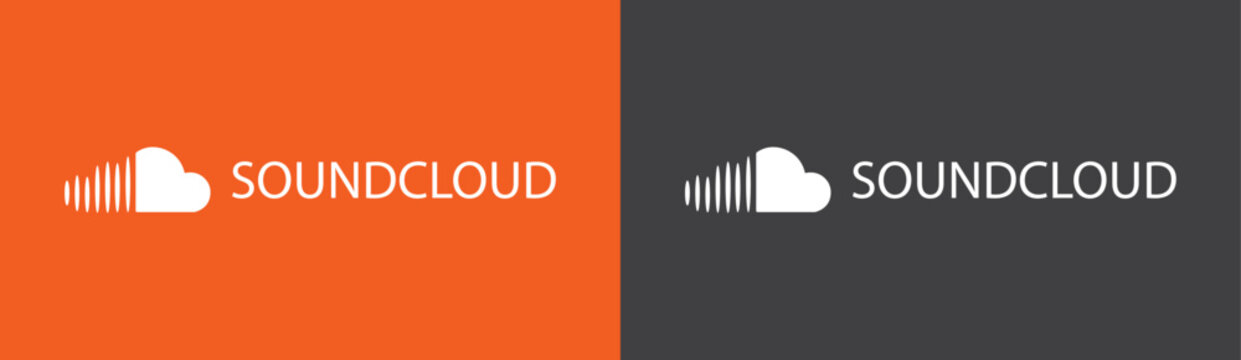 SoundCloud App Logo with Text on Orange and Gray Background, Editorial Use Only