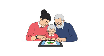 A mother and grandfather help a young child learn and play on a digital tablet together.