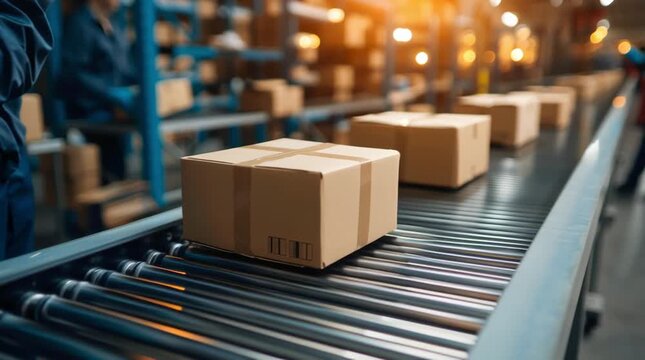 Warehouse worker in protective gloves placing a cardboard box on a roller conveyor in a modern logistics center, concept of automation, shipping and order fulfillment.	