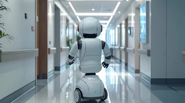 Smiling humanoid robot navi a bright hospital corridor, offering assistance and technological innovation in healthcare.