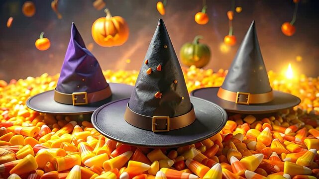 Three pointed witch hats are displayed on a bed of candy corn with pumpkins floating above, creating a festive