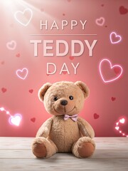 Happy Teddy Day Luxury Romantic Poster with Cute Teddy Bear