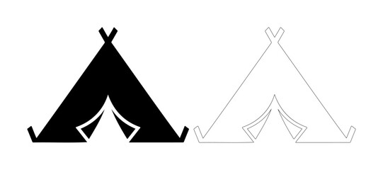 Simple black and white icons of a teepee tent for camping and outdoor adventures. © tanbirmiah