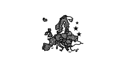 Fototapeta premium A hand-drawn map of Europe with hatching and three stars next to it, set against a white background