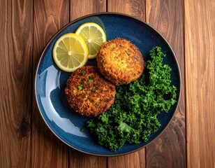 Savory patties with kale, lemon, on a blue plate