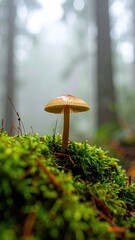 Single mushroom growing in a foggy forest setting
