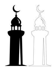Silhouette of a mosque minaret with crescent moon, representing Islamic culture and architecture.