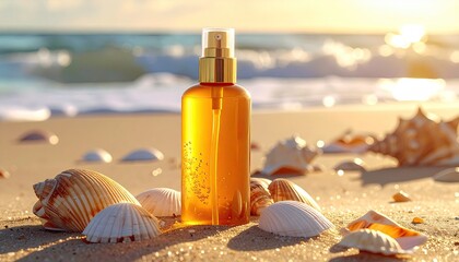 Spray bottle on beach with shells, ocean background