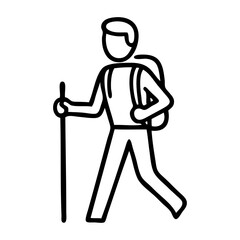 Senderismo en la naturaleza. Dibujo sencillo con líneas de un hombre caminando con un bastón y una mochila a la espalda  © teracreonte