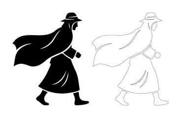 Silhouette of a person in a flowing cloak and hat walking with determination