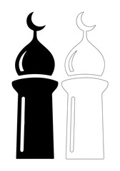 Two contrasting mosque minarets, one solid black and one outlined in white, symbolizing Islamic architecture and faith.