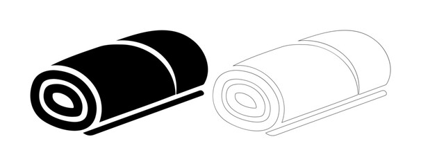 Rolled sleeping bag icon in black and white outlines for camping and outdoor adventures