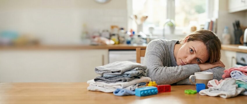 Tired mother resting head on arms at kitchen table with laundry and toys, overwhelmed by domestic chores and parenting Concept of burnout, exhaustion, and modern family life