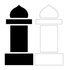 Simple silhouette of a mosque minaret in black and white outlines