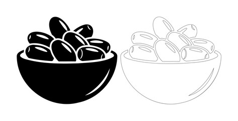 Bowl of fresh dates, presented in both solid black and outline styles for versatile design use.