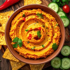 Swirled hummus with chips, veggies, and peppers