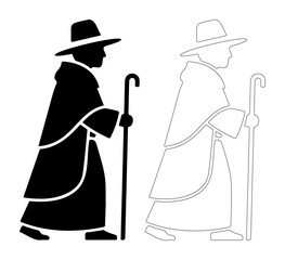 Pilgrim silhouette walking with a cane and hat, representing a journey or quest.
