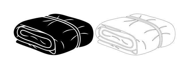 Rolled blanket icon in black and white outline