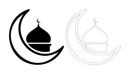 Crescent moon with mosque dome silhouette, representing Islamic culture and faith