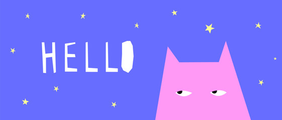 Funny Childish Card background. Hello Theme. Cute Cartoon Cat Character. Vibrant Positive Happy Imperfect Application Shape Illustration Design