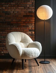 Cozy chair beside a glowing orb lamp by a brick wall