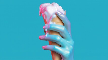 Hand holding ice cream cone with colorful background  