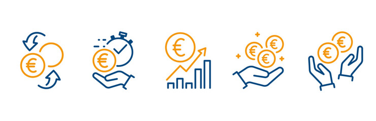 Fototapeta na wymiar euro money icons, contains finance exchange, europe currency, financial income icon, budget, cash savings, growth of the euro currency, schedule up arrow, cash back line vector illustration