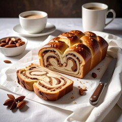 Swirl bread with coffee and nuts on white surface