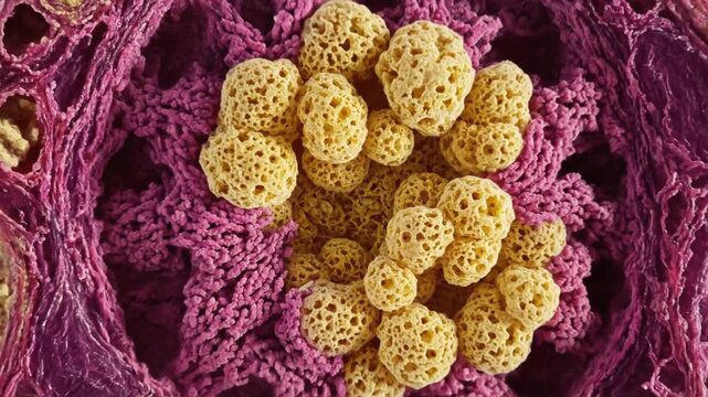 An extreme closeup of round porous yellow objects within a purple netlike structure