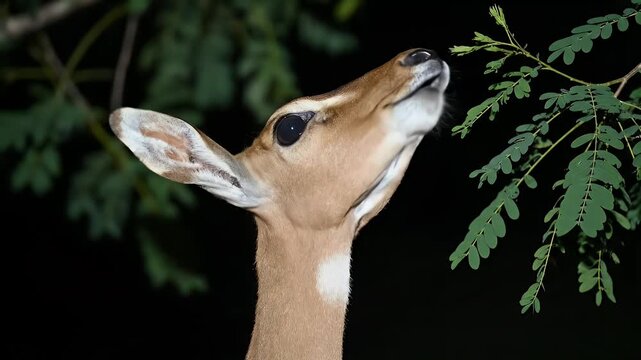 African Antelope Browsing Leaves in Closeup at Night