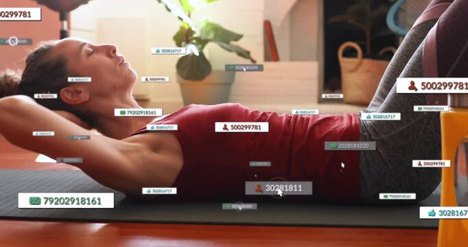 Animation of media icons over caucasian woman exercising
