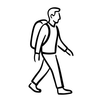 Senderismo en la naturaleza. Dibujo sencillo con l&iacute;neas de un hombre caminando con una mochila a la espalda 