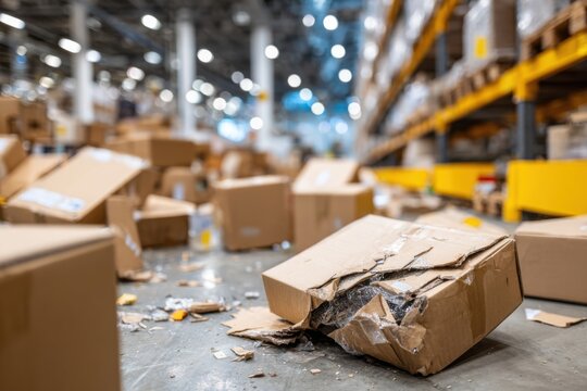 Discarded cardboard boxes are strewn across the warehouse floor, revealing signs of a hectic shipping operation and a chaotic environment