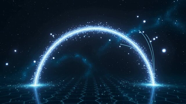 Glowing Blue Digital Archway with Sparkling Particles on Hexagonal Grid Background in Space