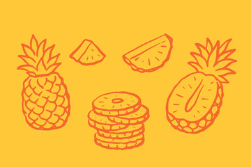 Naklejka premium Pineapple set doodle tropical fruit line art vector illustration