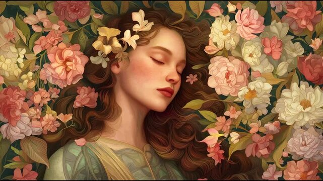 Floral portrait of young and beautiful woman surrounded by blossoms and soft light. Spring lady for header and website banner.
