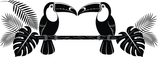 Naklejka premium Twin toucan bird silhouette with tropical palm monstera leaves, jungle wildlife symmetry design, exotic rainforest animal, black flat vector illustration