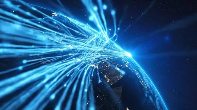 Global network connection with glowing lines representing data streams around the Earth.