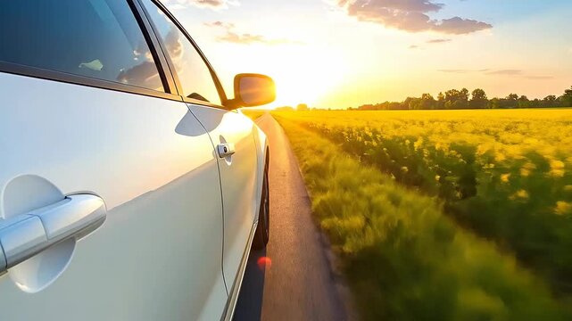 A white car is driving fast on a rural road at sunset, creating a sense of speed and freedom.